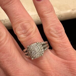 Pavé Cushion Cluster Silver Ring with Twisted Band